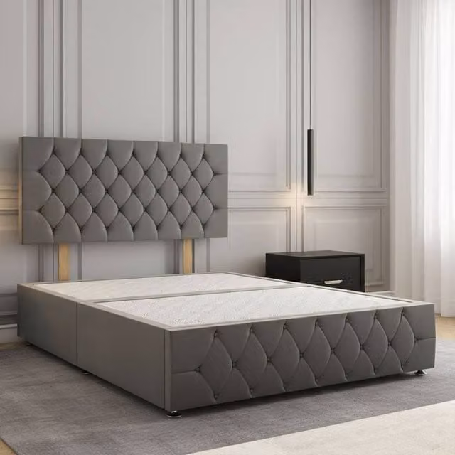 Regional Furnishings Super King Divan Bed with 24 inch Plush Velvet Headboard and Footboard in Grey, W: 200 cm x D: 200 cm – 1