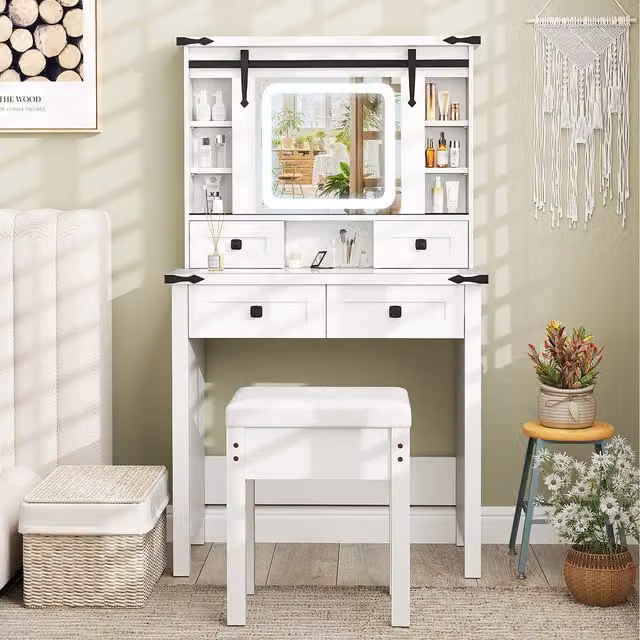 COSTWAY Modern Hollywood LED Dressing Table Set with Glass Top in White
