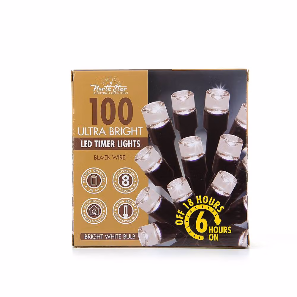 Voltico 100 LED Battery Operated Timer Lights with Black Wire in Cool White, 10m – 2
