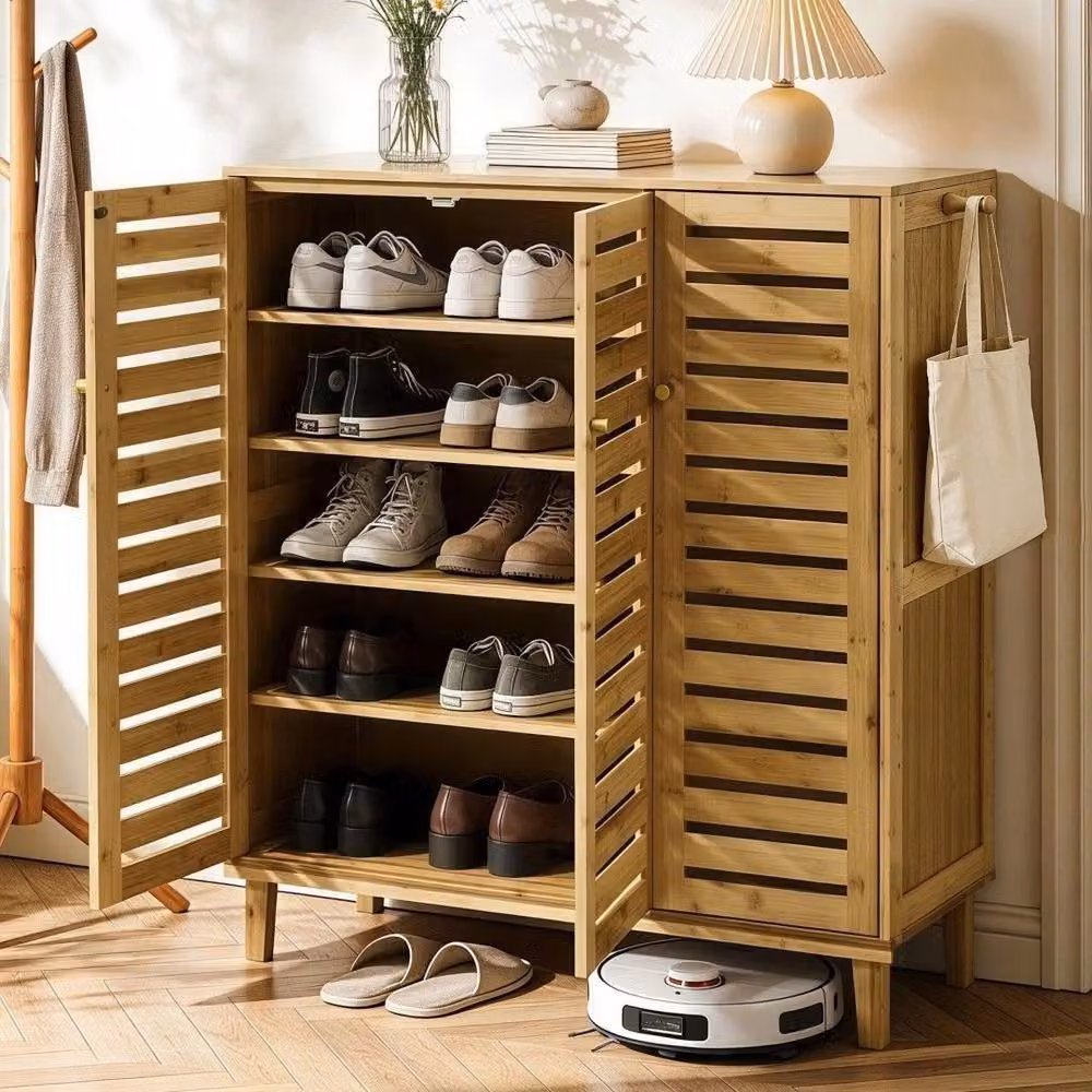EONLION Retro Tall Shoe Storage Cabinet with Hinged Doors in Brown – 3