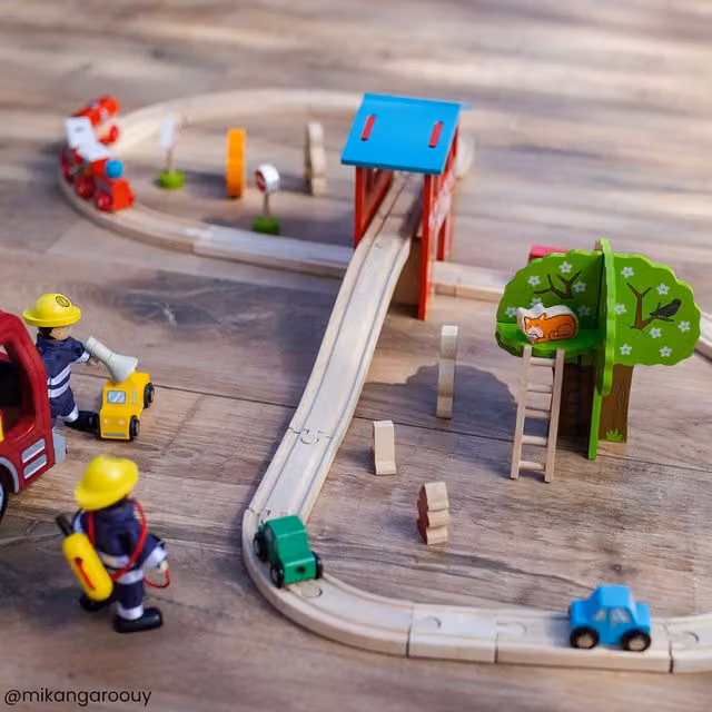 Bigjigs Rail Wooden Fire Station Push Train Set in Multi-colour and Yellow
