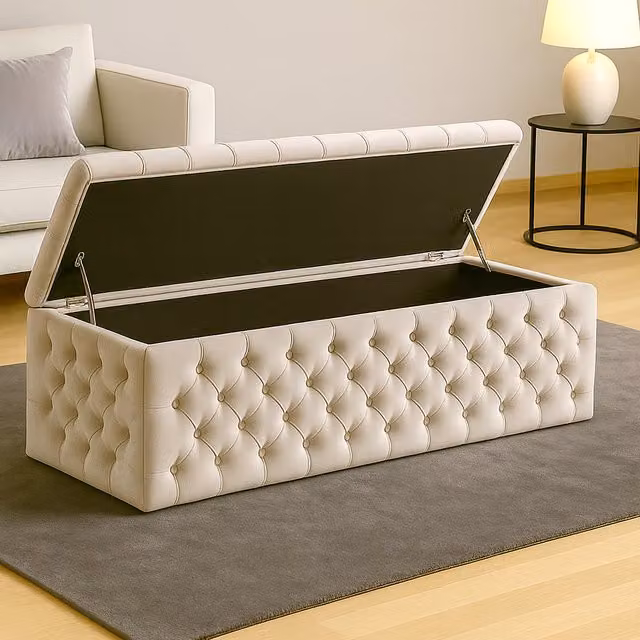 R&M Furnishers Wide Lux Chesterfield Ottoman Storage Box in Cream Plush Velvet