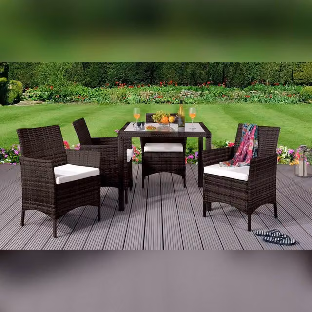 Comfy Living Ltd 5 Piece Brown Rattan Outdoor Garden Dining Set with Glass Top – 1