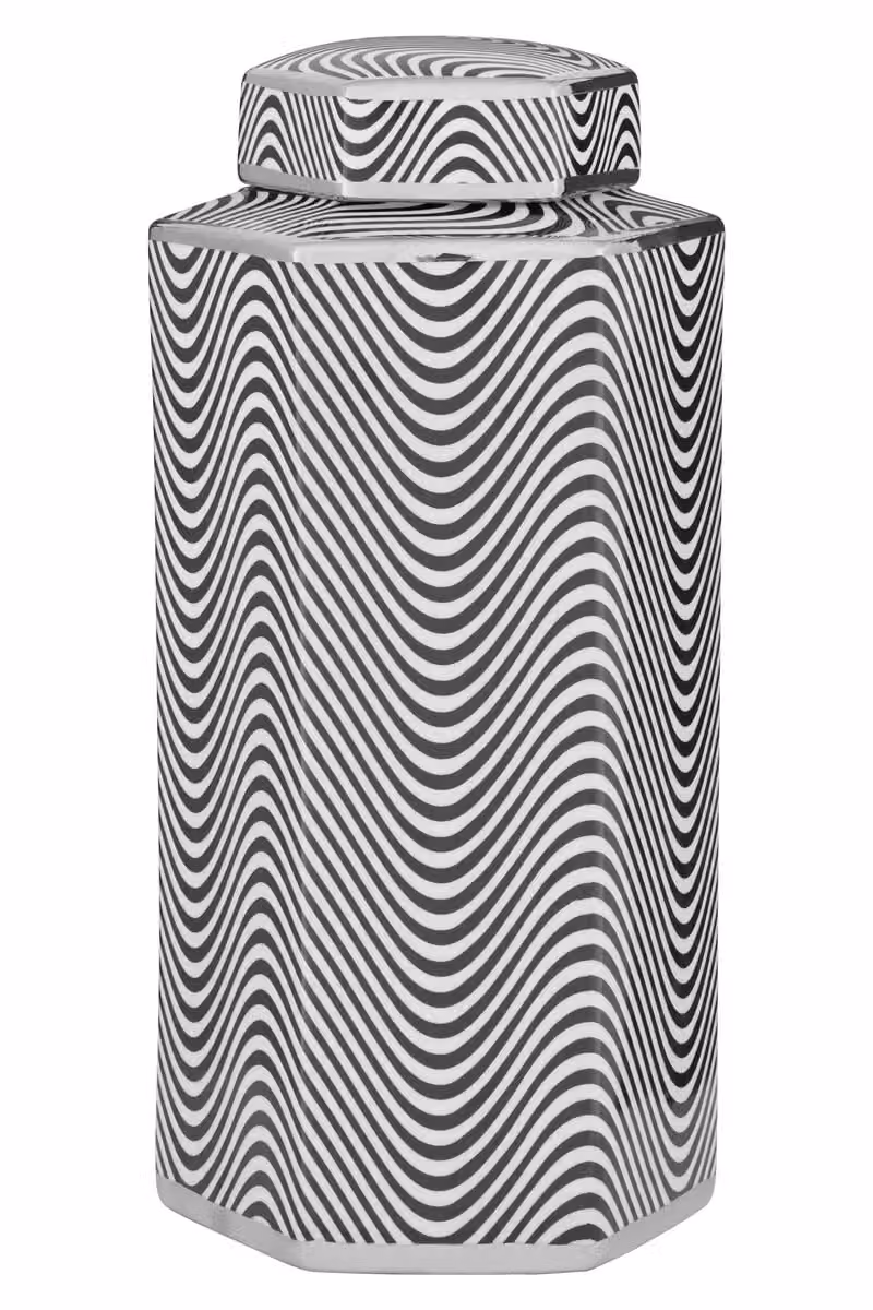 Orsina Large Hexagonal Monochrome Ceramic and Porcelain Decorative Jar in Black, White and Silver – 3