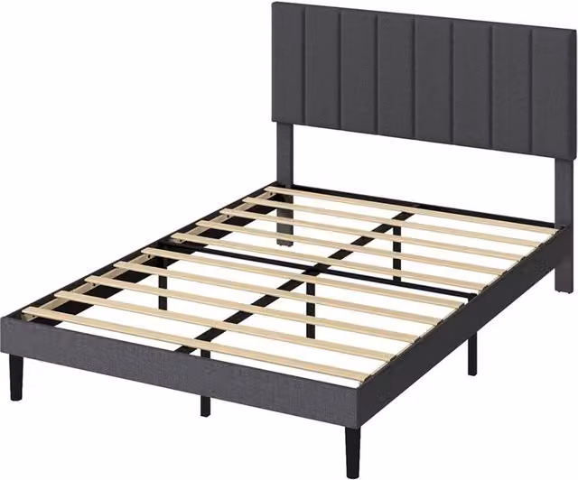 Nordara Double Size Linen Fabric Upholstered Bed Frame with Foam Headboard in Dark Grey, W/D/H: 140 x 200 cm