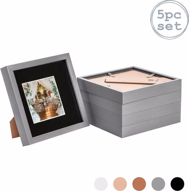 Nicola Spring Pack of 5 Single Square 3D Box Photo Frames in Grey and Black, W/H: 20.32 x 20.32 cm