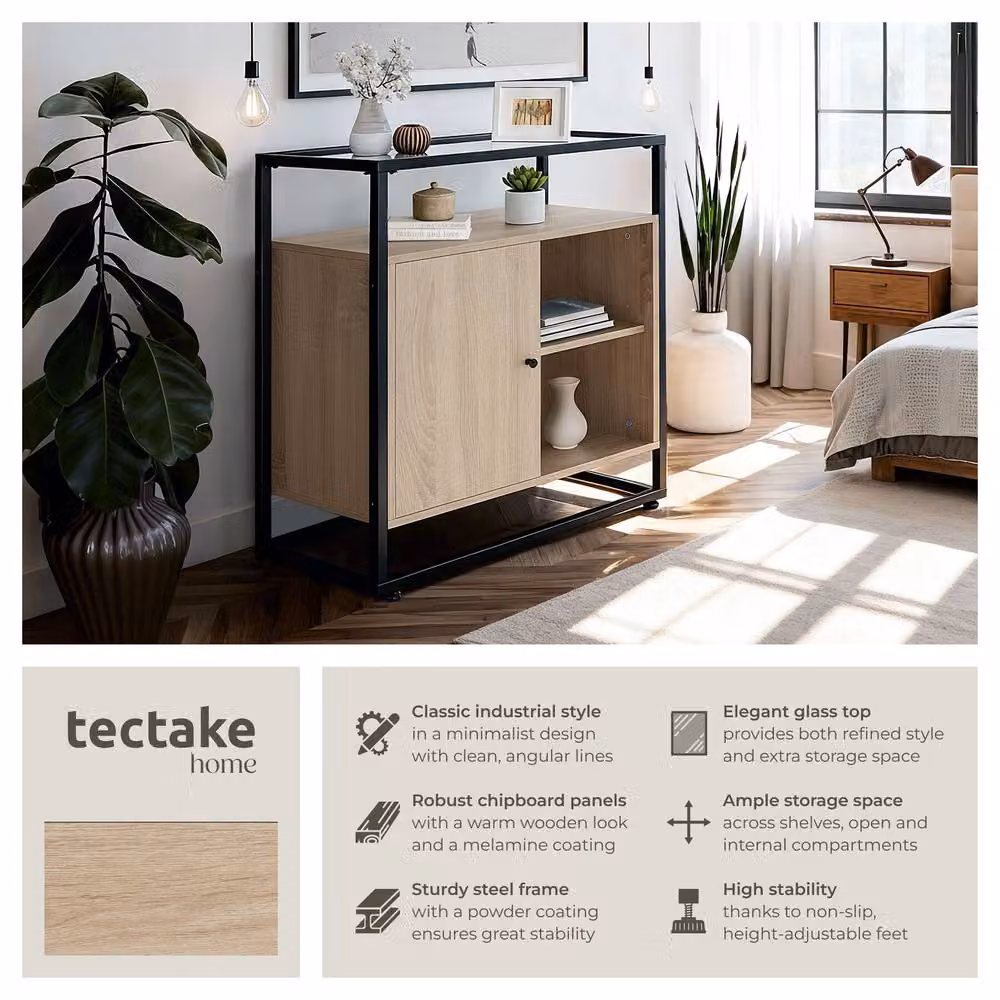 tectake Coventry Sideboard in Light Oak with Glass Tabletop and Open Shelves – 2