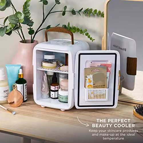 Russell Hobbs RH4CLR1001SCW 4L Mini Portable Cooler and Warmer for Drinks and Cosmetics, White and Wood Effect, W/D/H: 25.2 x 24.0 x 18.0 cm – 4