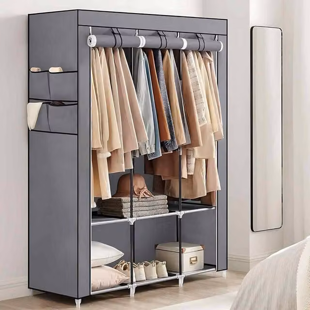 The Bazaarist Portable Fabric Wardrobe with Hanging Rod and Internal Shelves, Grey