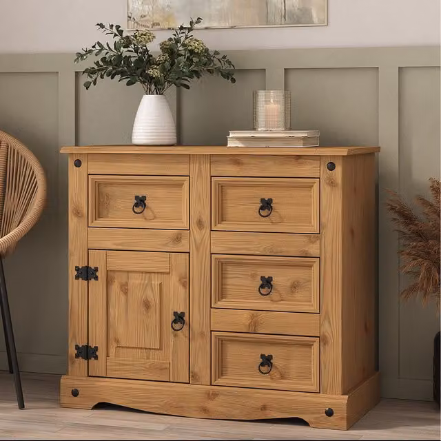 Mews Rustic Waxed Pine Sideboard with 1 Door and 4 Drawers in Brown and Black
