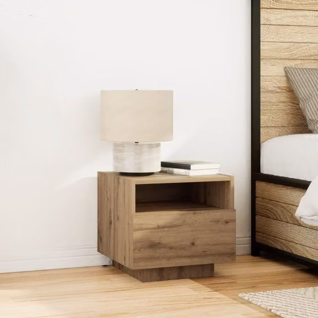 Berkfield Home Artisan Oak Bedside Cabinet with Integrated LED Lights, Brown, W: 40 cm, D: 39 cm, H: 37 cm – 1
