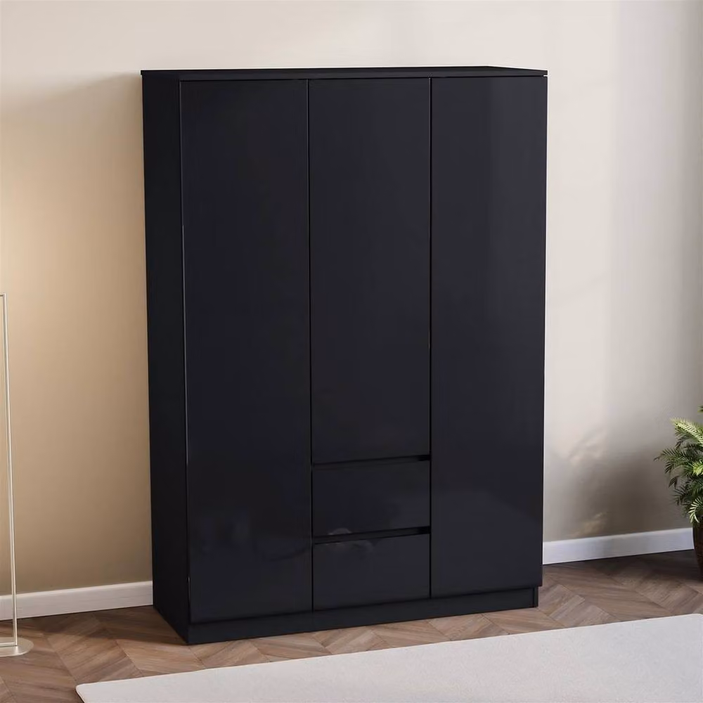 Kelvenix Black Modern Gloss 3 Door 2 Drawer Wardrobe with Push to Open Mechanism, H 170 cm x W 115.4 cm x D 60 cm – 3