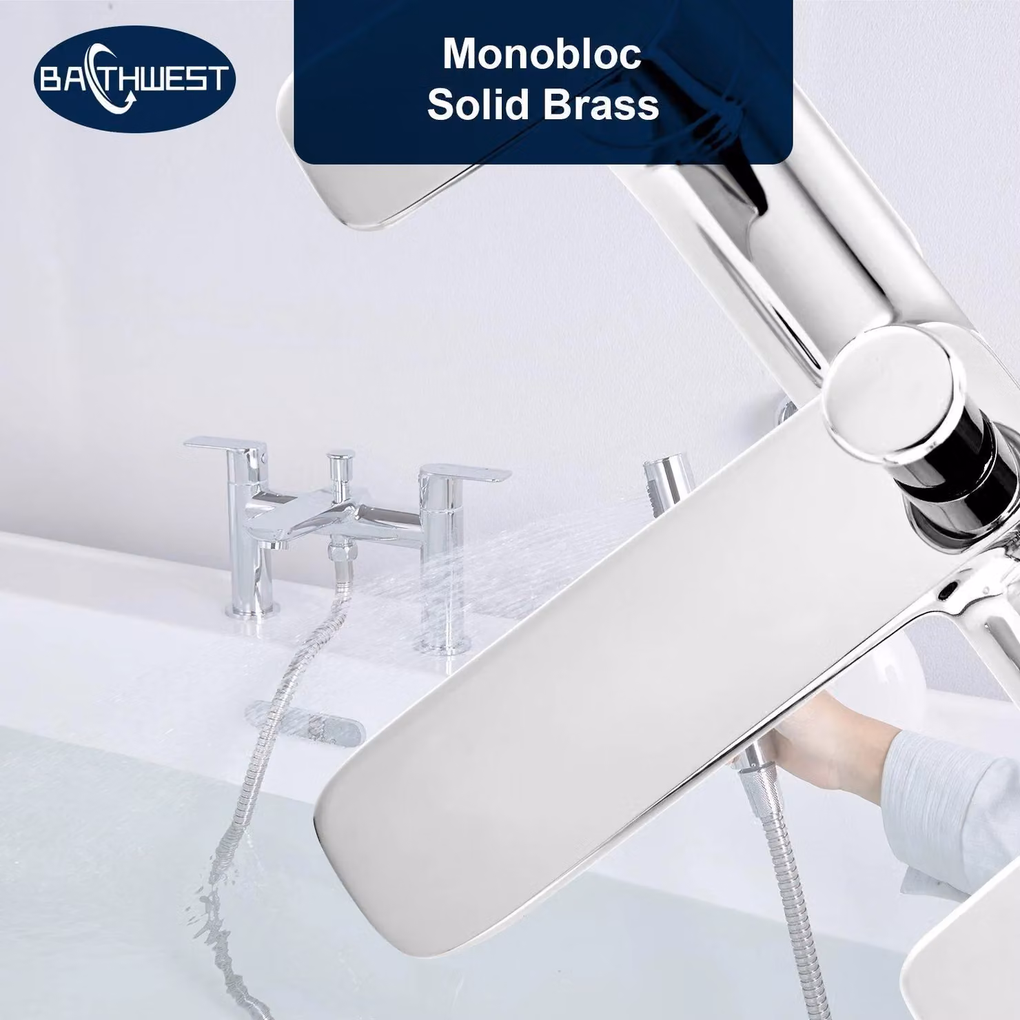 BATHWEST Double Handle Basin Mixer Monobloc Tap with Shower Set in Silver – 2