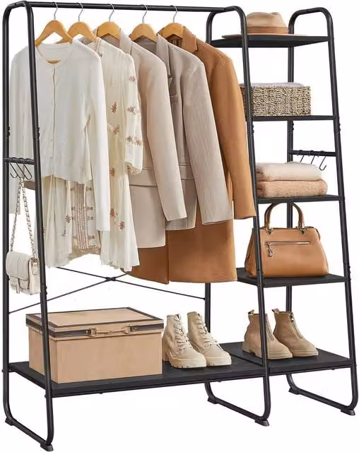 EONLION Black Clothes Rack with Shoe Shelf and Dual Hook Rail Matrix, W: 45 cm, D: 45 cm, H: 160 cm