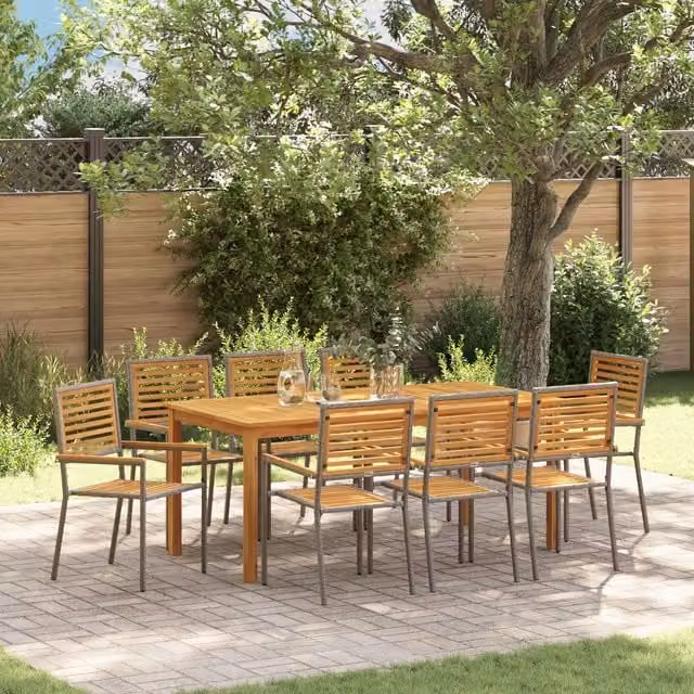 Berkfield Home 9 Piece Grey Poly Rattan and Acacia Wood Garden Dining Set – 1