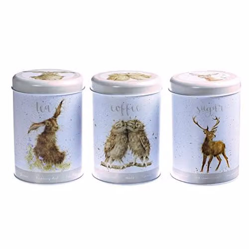 Wrendale Designs by Hannah Dale Multicoloured Airtight Metal and Enamel Tea, Coffee and Sugar Canister Set
