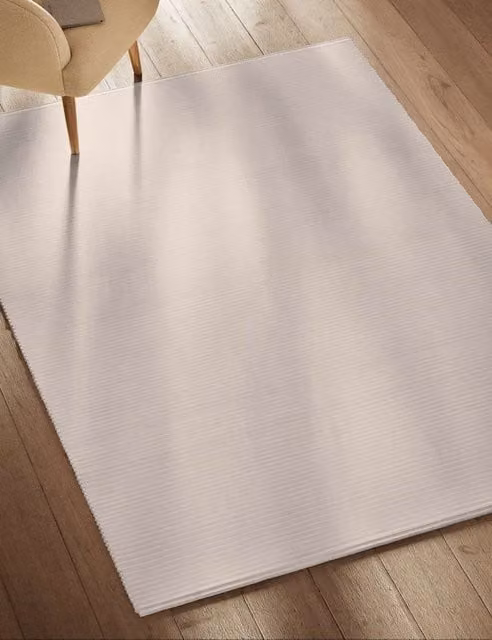 M&S Plain Ribbed Rectangular Polyester Rug in Beige