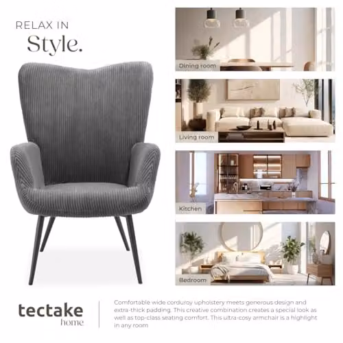 tectake Hygge Corduroy Armchair in Scandinavian Style with Foam Padding and Metal Frame, Anthracite/Black/Grey – 9