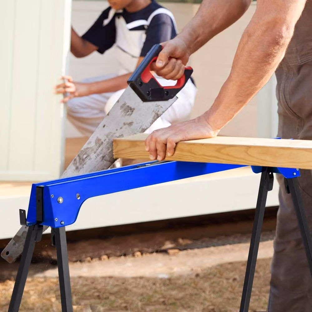 Gymax 2 Pack Folding Metal Sawhorses in Blue – 8