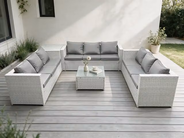 Fimous 10 Seat Grey PE Rattan Garden Furniture Set with Upholstered Cushions and Oblong Coffee Table