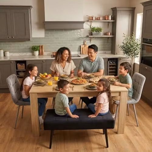 Kosy Koala Oak Effect Dining Table Set with Bench and 4 Grey Velvet Chairs, W/D/H: 117 x 77 x 75 cm – 2