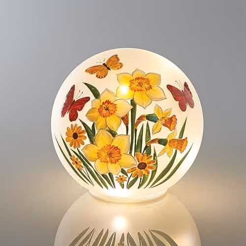 Coopers of Stortford Eldo Spring LED Glass Globe Light with Multicolour Floral Design, H 15.0 cm x W 15.0 cm x D 15.0 cm
