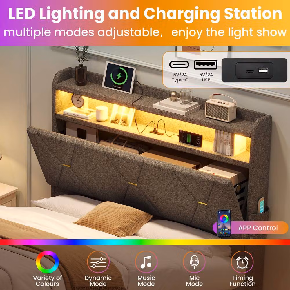 BTM Single Hydraulic Storage Bed with LED Under-Bed Lighting and USB Charging Port, Grey Upholstered Fabric – 3