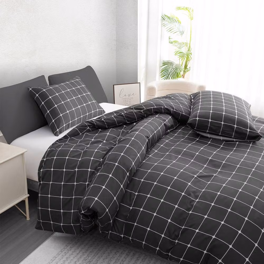 Pamposh Charcoal Grey Checked Microfibre Duvet Cover Set with Matching Pillowcases, W: 180 cm x L: 200 cm – 4