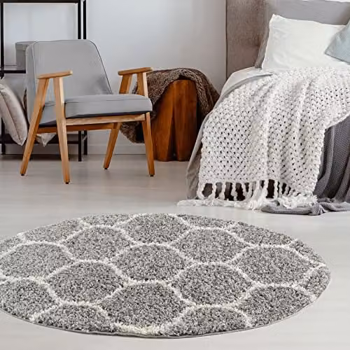 THE RUGS Moroccan Shaggy Round Area Rug, Grey and White, Diameter: 120 cm – 1