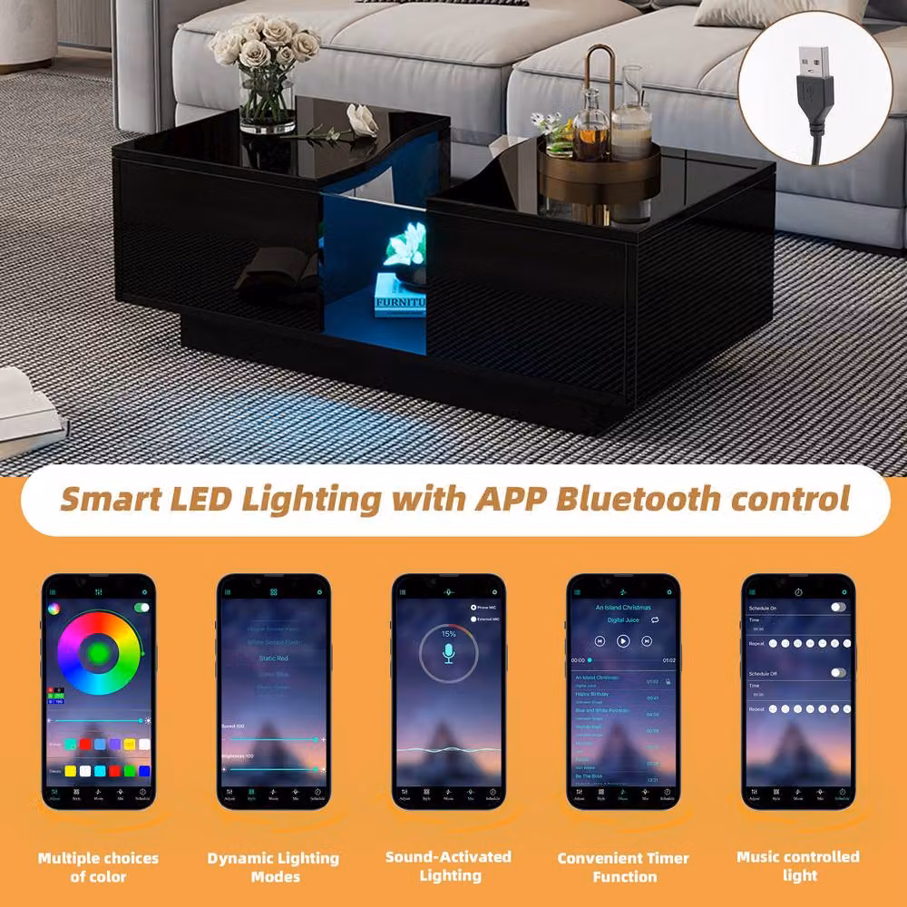 STILVORA Modern Glossy Black Coffee Table with 2 Drawers and LED Lights – 5