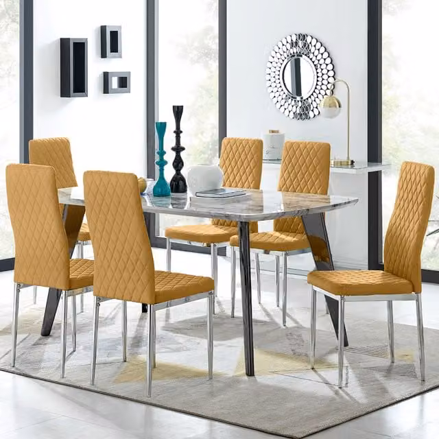 FurnitureboxUK Andria Marble Effect Rectangular Dining Table with 6 Mustard Velvet Milan Chairs