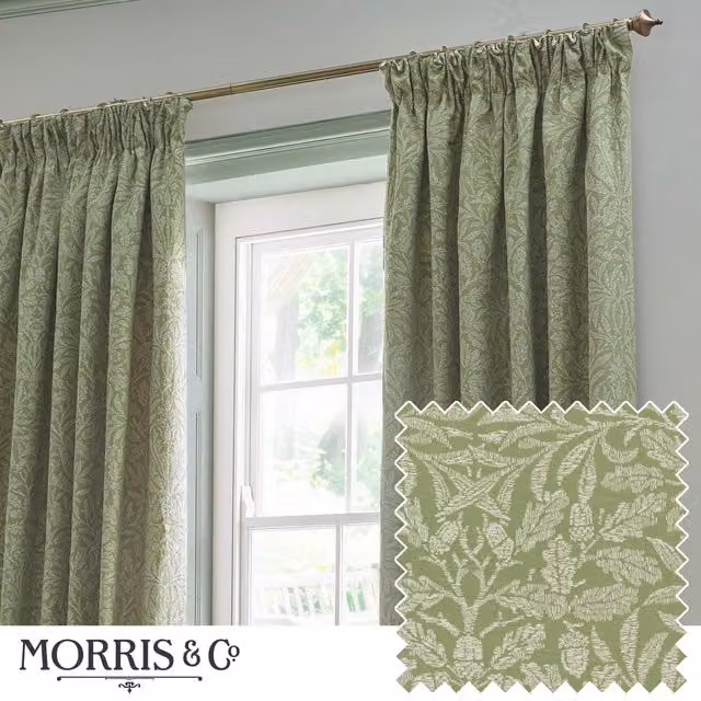 Morris & Co. Acorn Tonal Matt Jacquard Pencil Pleat Curtains in Green, Width: 229 cm, Drop: 229 cm