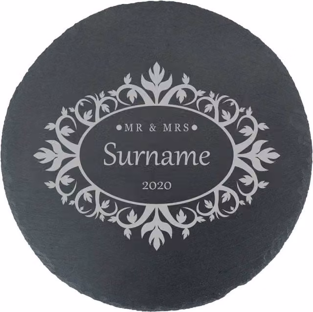 Uniqueful Personalised Round Slate Cheeseboard with Mr & Mrs Floral Design in Black