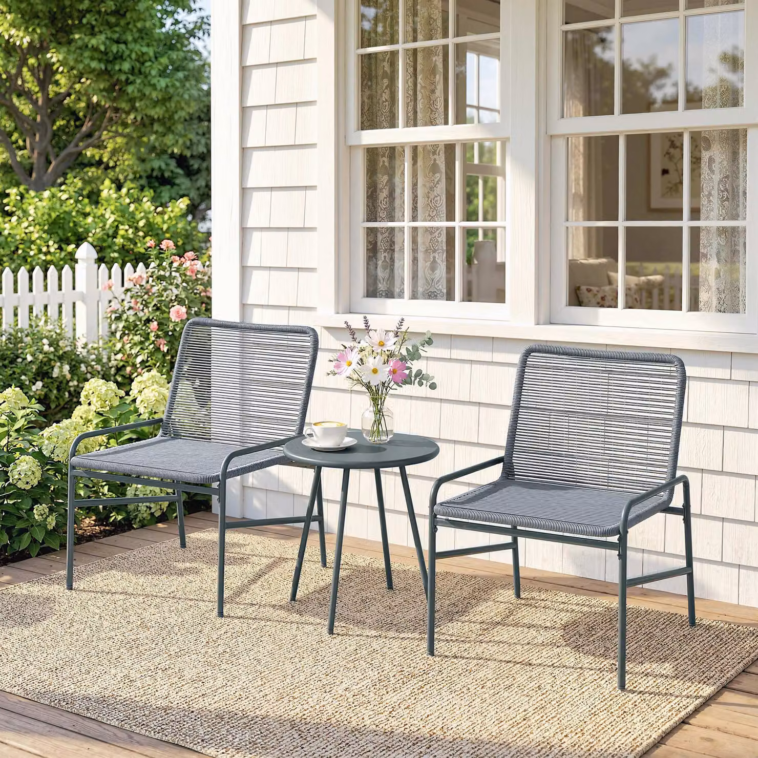 Outsunny 3 Piece Rattan Bistro Set in Dark Grey with Round Coffee Table and 2 Chairs for Garden, Balcony or Terrace – 2
