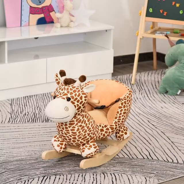 HOMCOM Brown Plush Giraffe Wood and Metal Rocking Toy for Kids