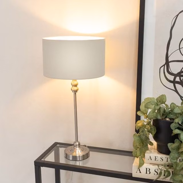 ValueLights Maggie Brushed Chrome Candlestick Table Lamp with Grey Fabric Drum Shade and LED Bulb – 1