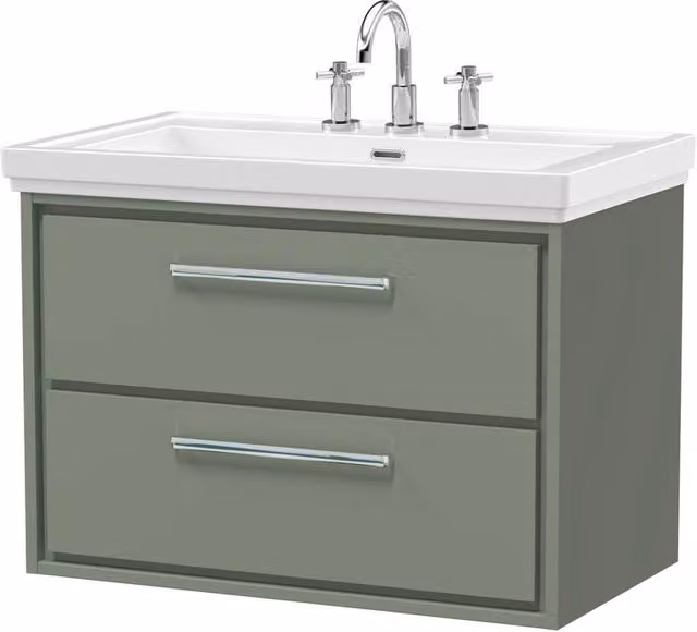 Balterley Modern Wall Hung 2-Drawer Bathroom Vanity Unit with Fireclay Basin, Green, W: 80 cm, D: 60.9 cm, H: 80 cm