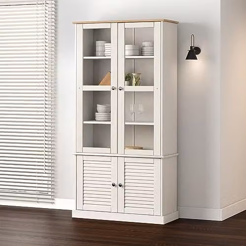 vidaXL VIGO Glass Display Cabinet in White Lacquered Solid Pine, W: 85 cm, D: 35 cm, H: 170 cm – 2