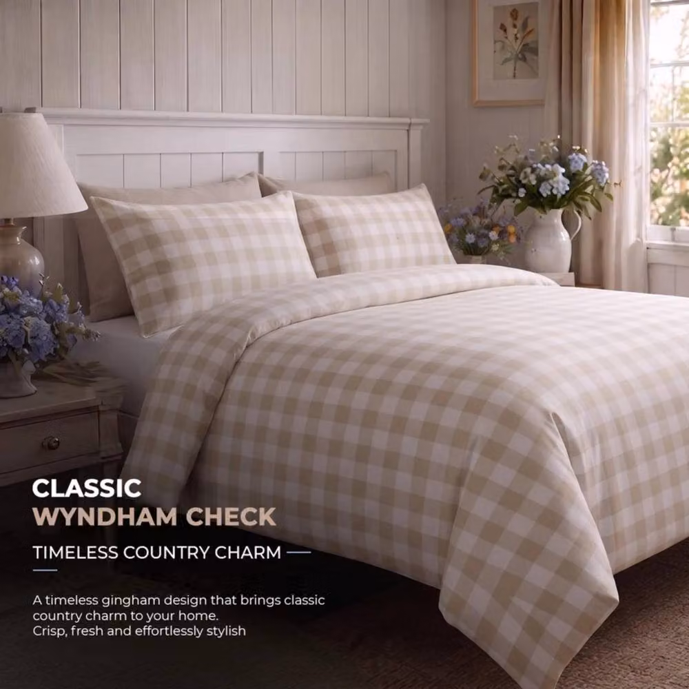 Sweet Dreams Wyndham Gingham Check Duvet Cover and Pillowcase Set in Beige, Super King, 200 x 200 cm – 2