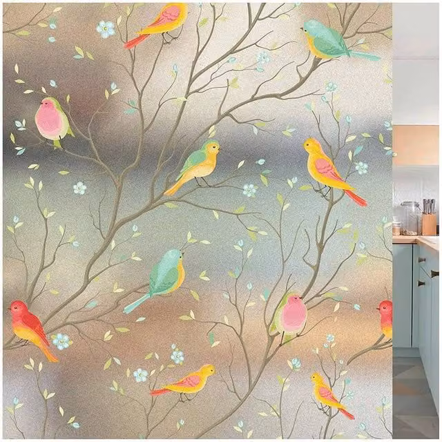 SPETLEK Frosted Bird Removable Window Film, Multicolour Stained Glass Privacy Film, W: 45 cm x H: 200 cm