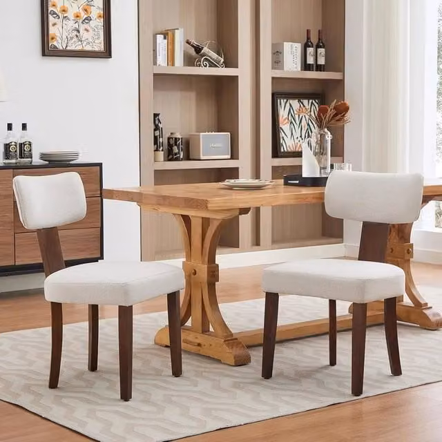 VOGREX Set of 2 Beige Dining Chairs with Curved Backrest and Hardwood Frame