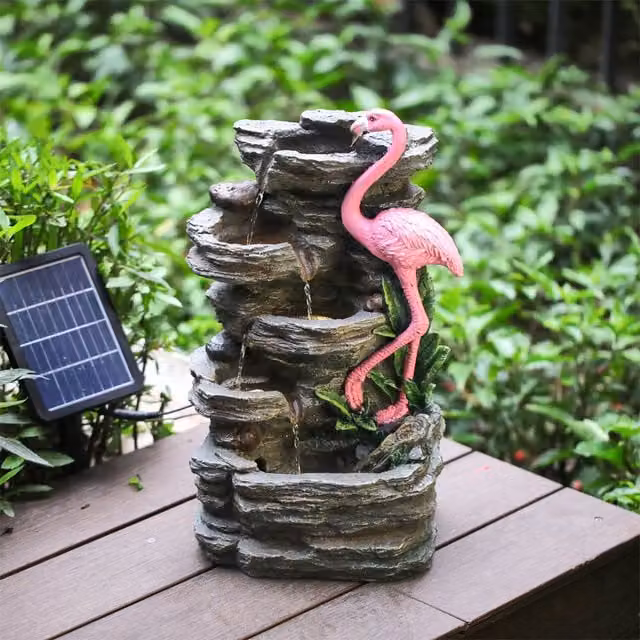 Livingandhome Flamingo and Rock Solar Water Feature, Grey and Pink Resin Cascade Tabletop Fountain