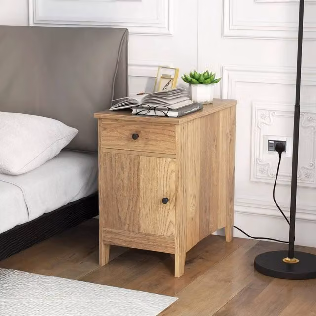 FORGEVIO Narrow Nightstand End Table with Charging Station in Natural Wood and Metal Finish – 1