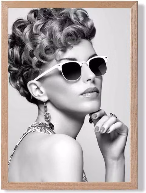 ARTZE Girl with Sunglasses Black and White Fashion Photo Framed Print with Oak Frame