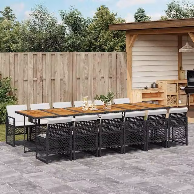 Berkfield Home 13 Piece Black Poly Rattan Garden Dining Set with Acacia Wood Table