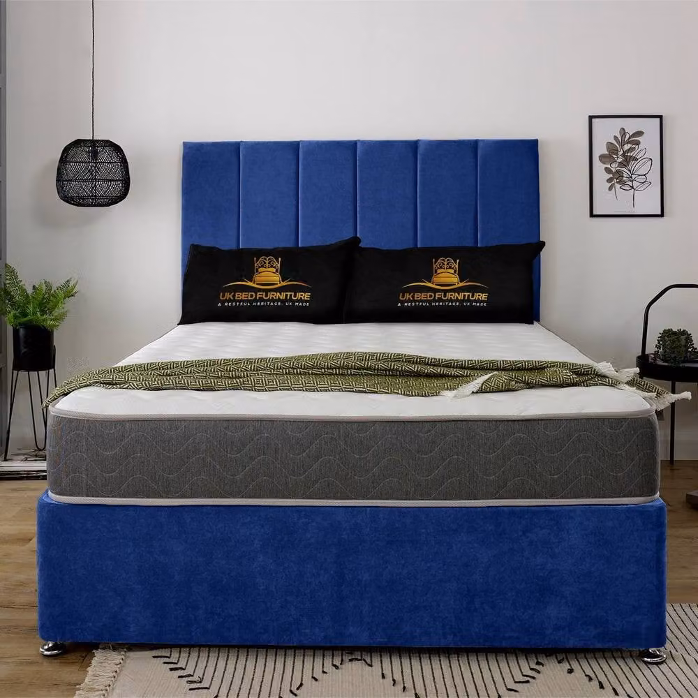 UK Bed Furniture Savannah Blue Velvet Upholstered Divan Bed with 2 Drawers and 26 Inch Headboard, W/D/H: 180 x 200 x 66 cm, King Size – 2