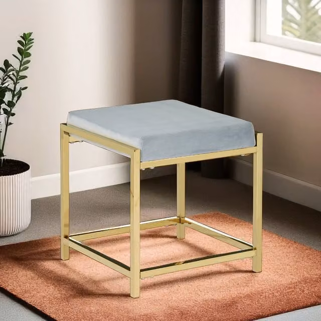 Orsina Powder Blue Velvet and Gold Square Upholstered Accent Stool – 1