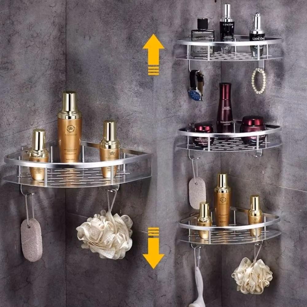 VOGREX 2-Piece Self-Adhesive Aluminium Corner Shower Caddy in Silver – 3