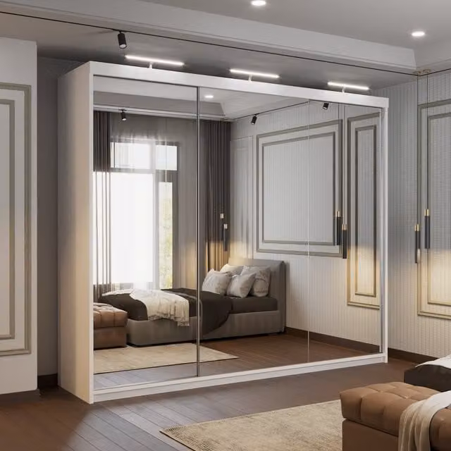 Sliding Wardrobes 4u Modern White Sliding Door Wardrobe with Mirror, Internal Shelves, Hanging Rod and Integrated LED Lighting, W/D/H: 250 x 203 x 217 cm
