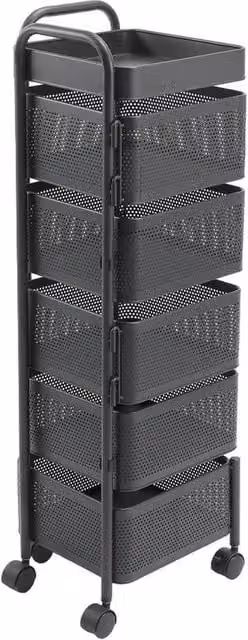 Garden Sanctuary 5-Tier Metal Kitchen and Balcony Storage Rack with Wheels in Matt Black